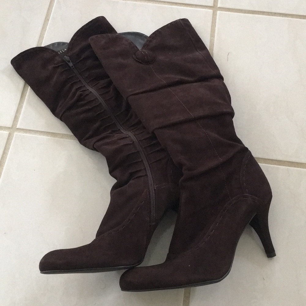 ANTONIO MELANI Dark Brown Suede Mid-Calf Heeled Boots